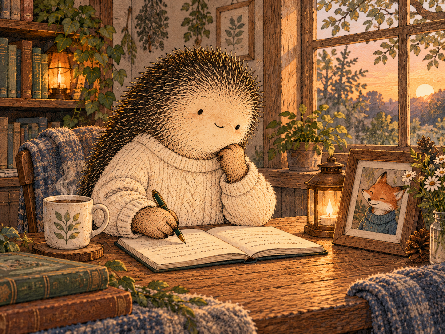 Day 166: Connection Built Through Attention Gives You Something Alcohol Cannot Manufacture. Woodland hedgehog illustration.