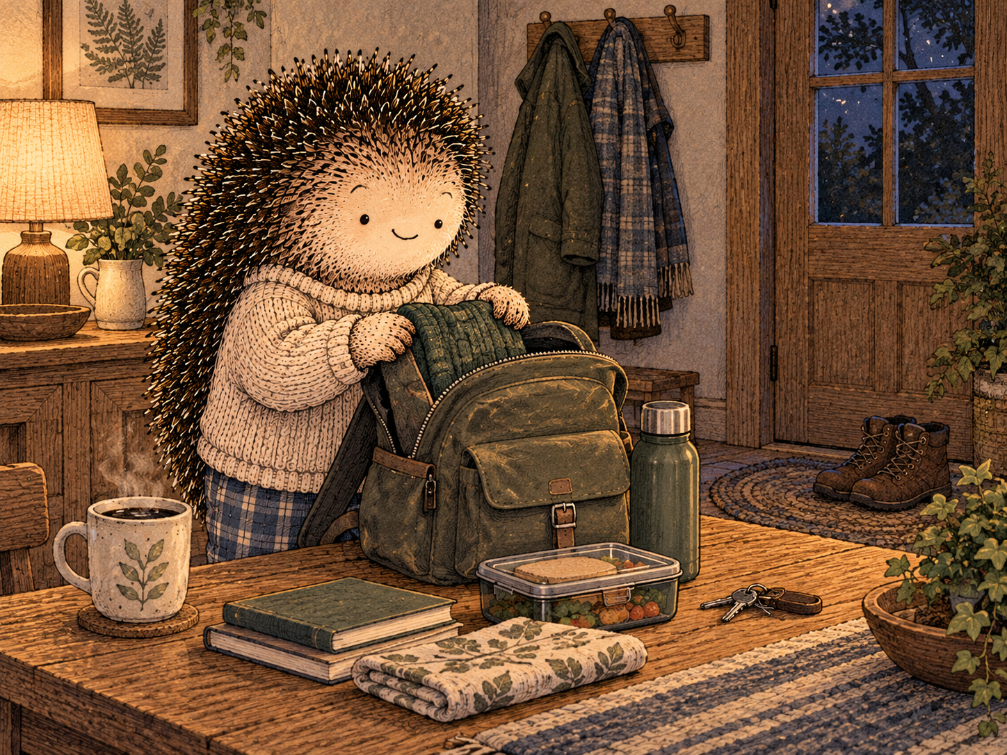 Day 107: Five Minutes Tonight Can Remove Twenty Minutes of Morning Friction. Woodland hedgehog illustration.