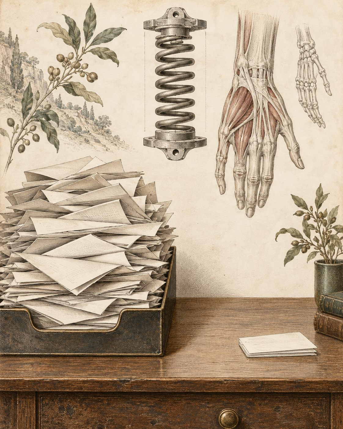 An overflowing paper tray beside clear desk space, a spring and anatomical hand.