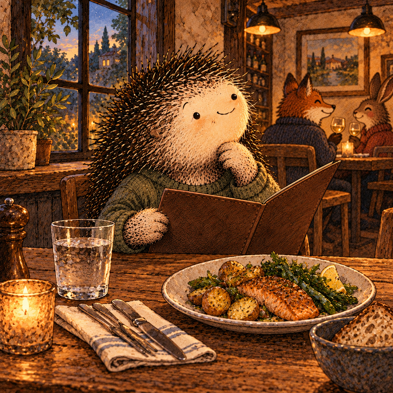 A gentle cream-faced, spiky-furred woodland companion exploring Day 55: Restaurants