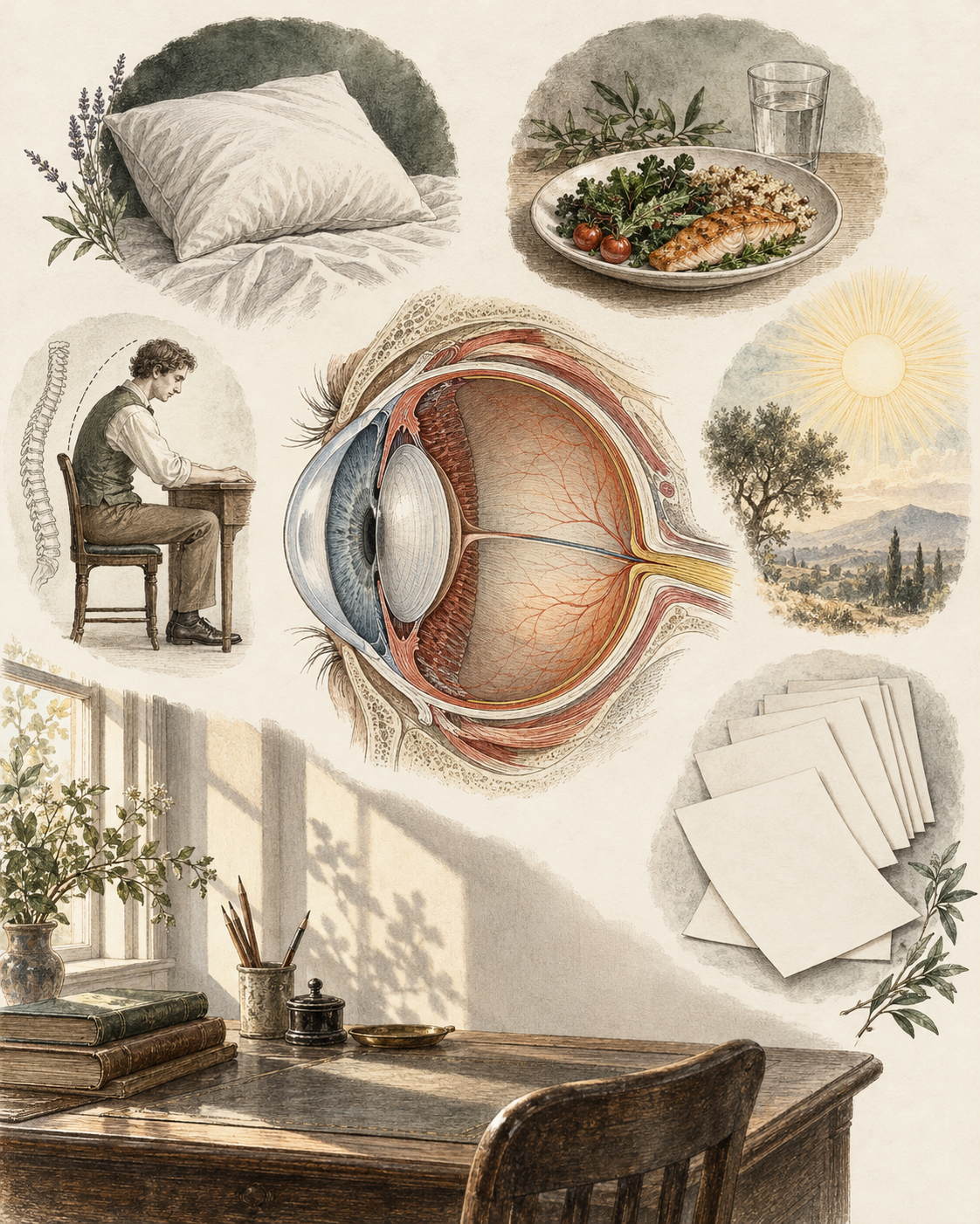 Vintage eye and context studies illustrating multiple contributors to afternoon fatigue.