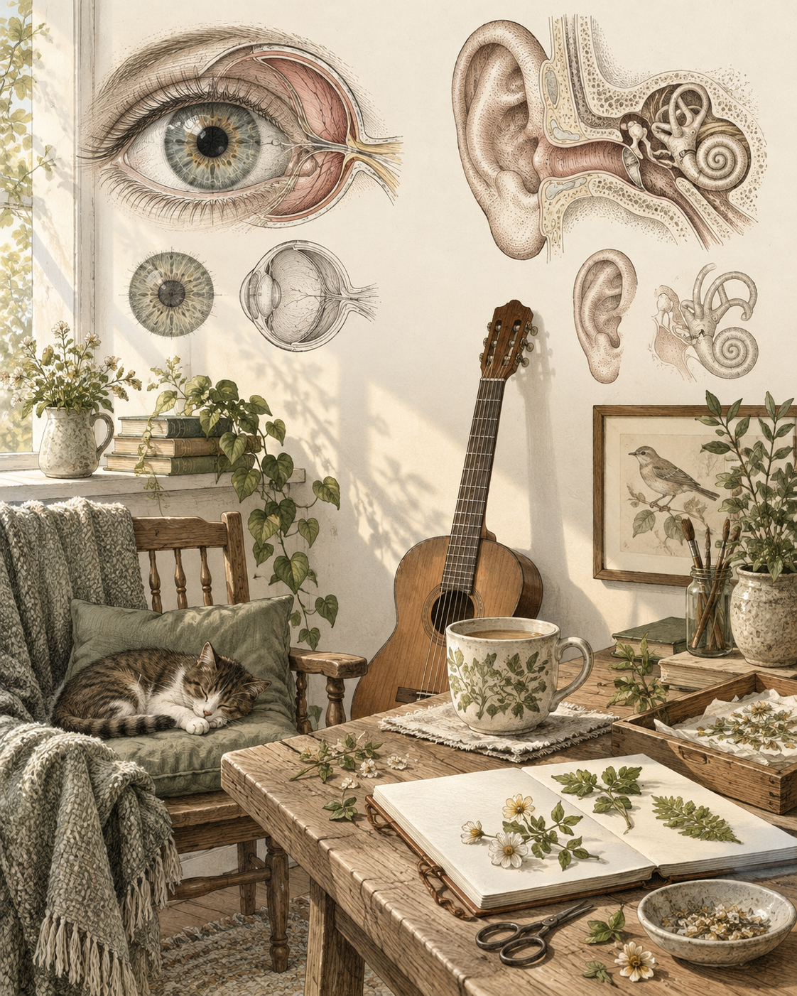 A quiet restorative nook with sensory studies and familiar comforting activities.