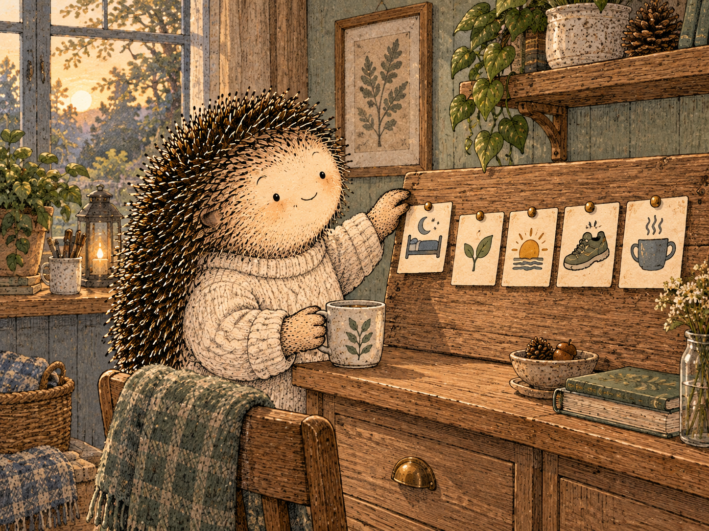 Day 119: A Small Number of Reliable Anchors Can Carry More Than a Huge Routine You Constantly Restart. Woodland hedgehog illustration.
