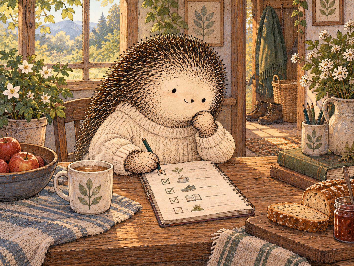Day 348: Taking Ordinary Days Seriously Reduces the Pressure to Keep Creating Dramatic Fresh Starts. Woodland hedgehog illustration.