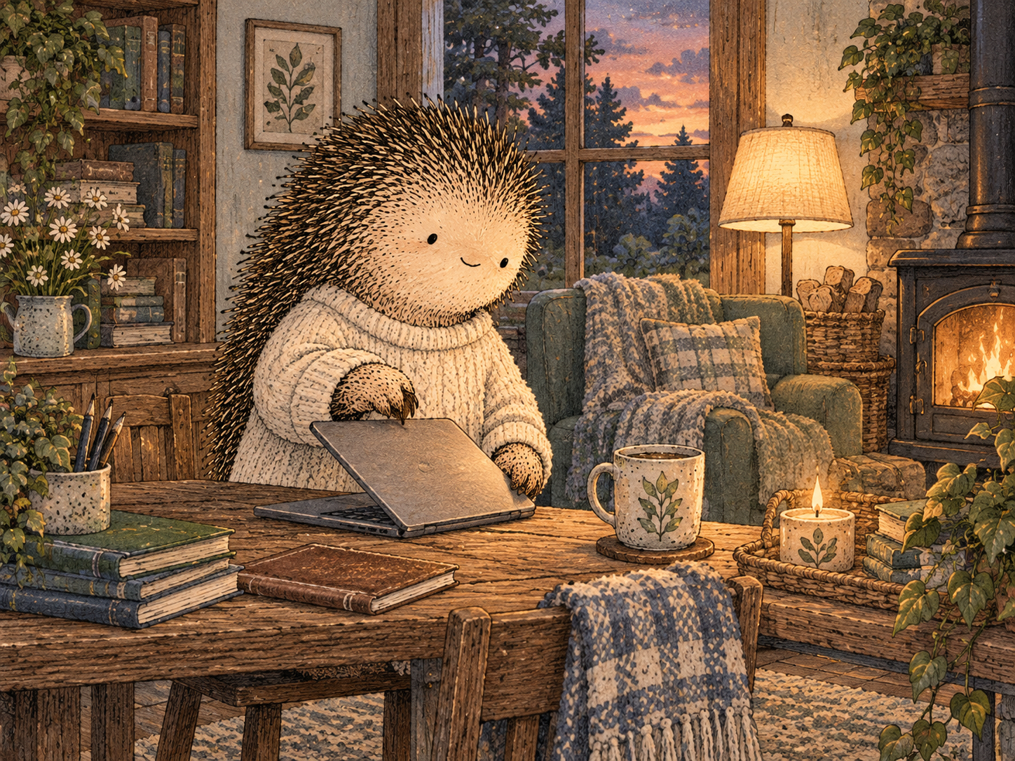Day 93: A Clearer Ending Can Reduce the Need to Force Yourself Into 'Off' Mode. Woodland hedgehog illustration.