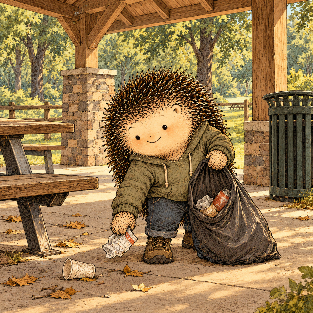 A gentle cream-faced, spiky-furred woodland companion exploring Day 340: Leave Things Better Than You Found Them