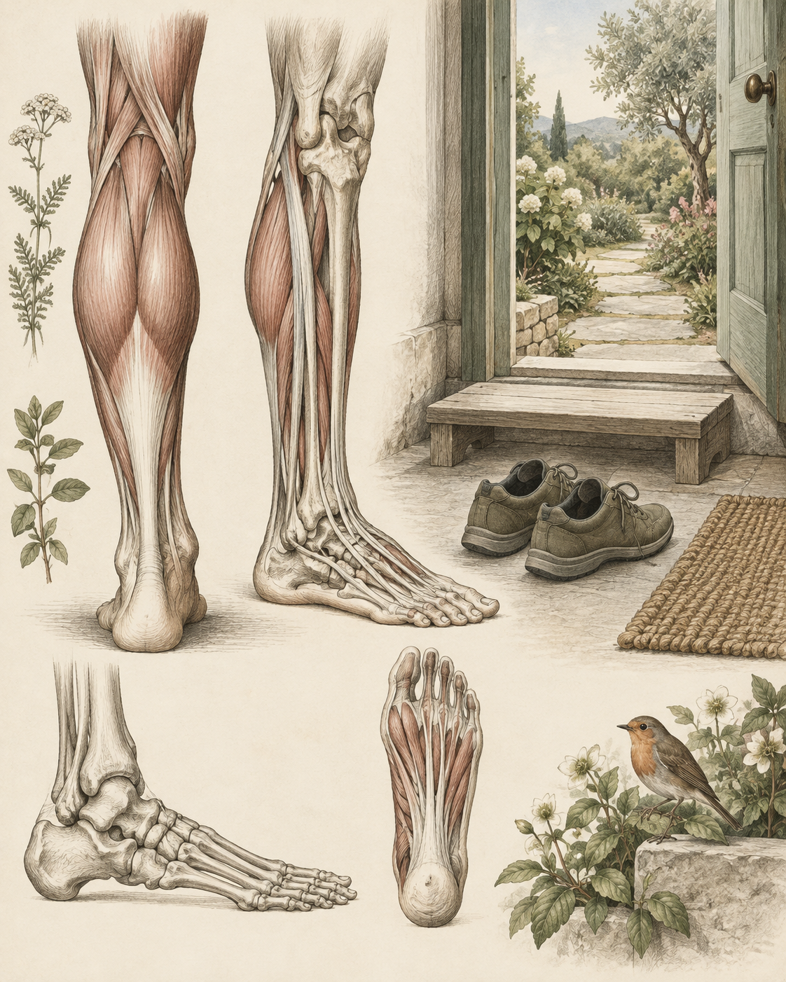 Vintage lower-leg and doorway study illustrating reduced effort to begin movement.