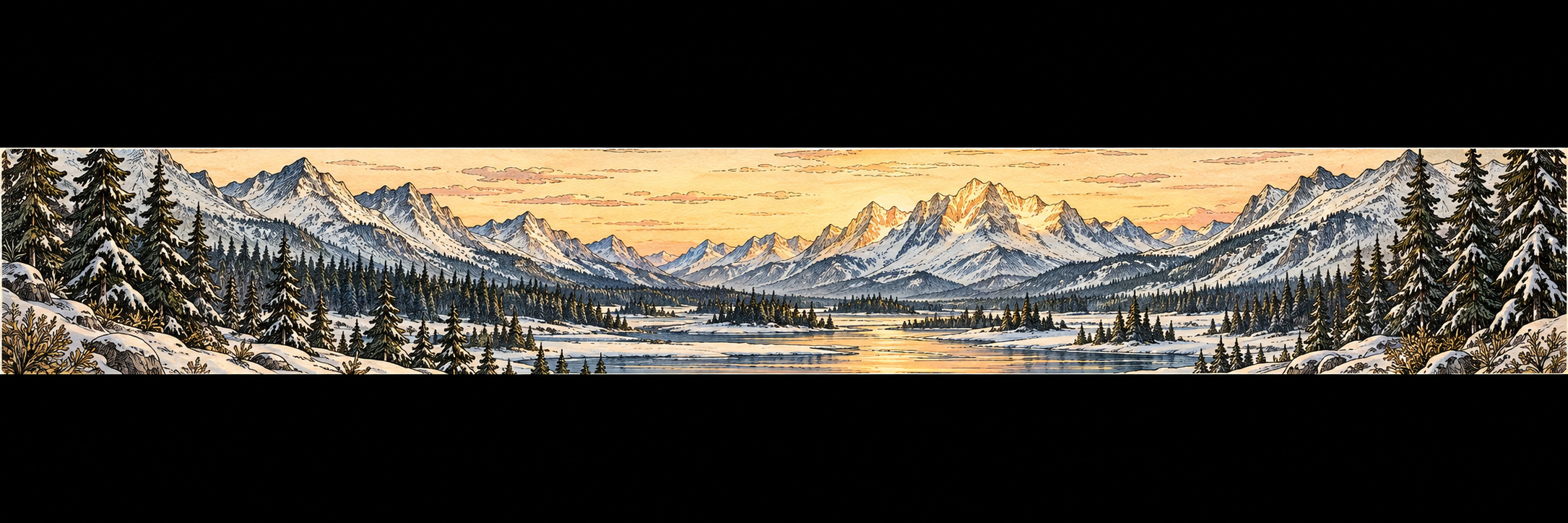 Snowy pine valley with warm light on distant peaks