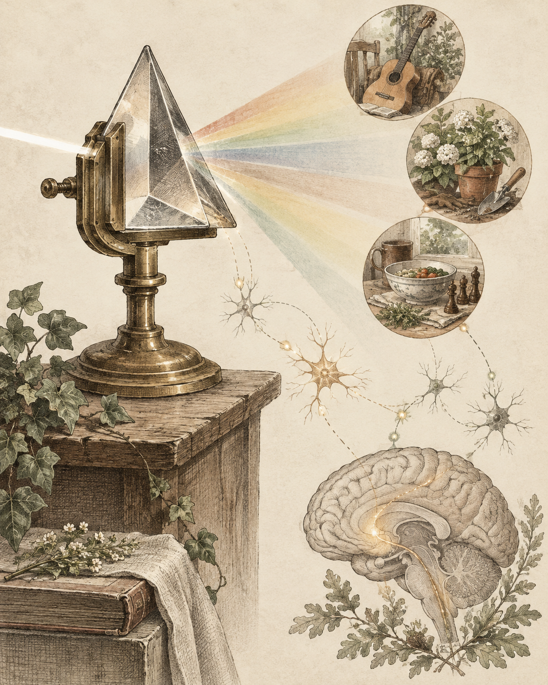 Vintage optical prism and everyday activities illustrating learned reward contrast.