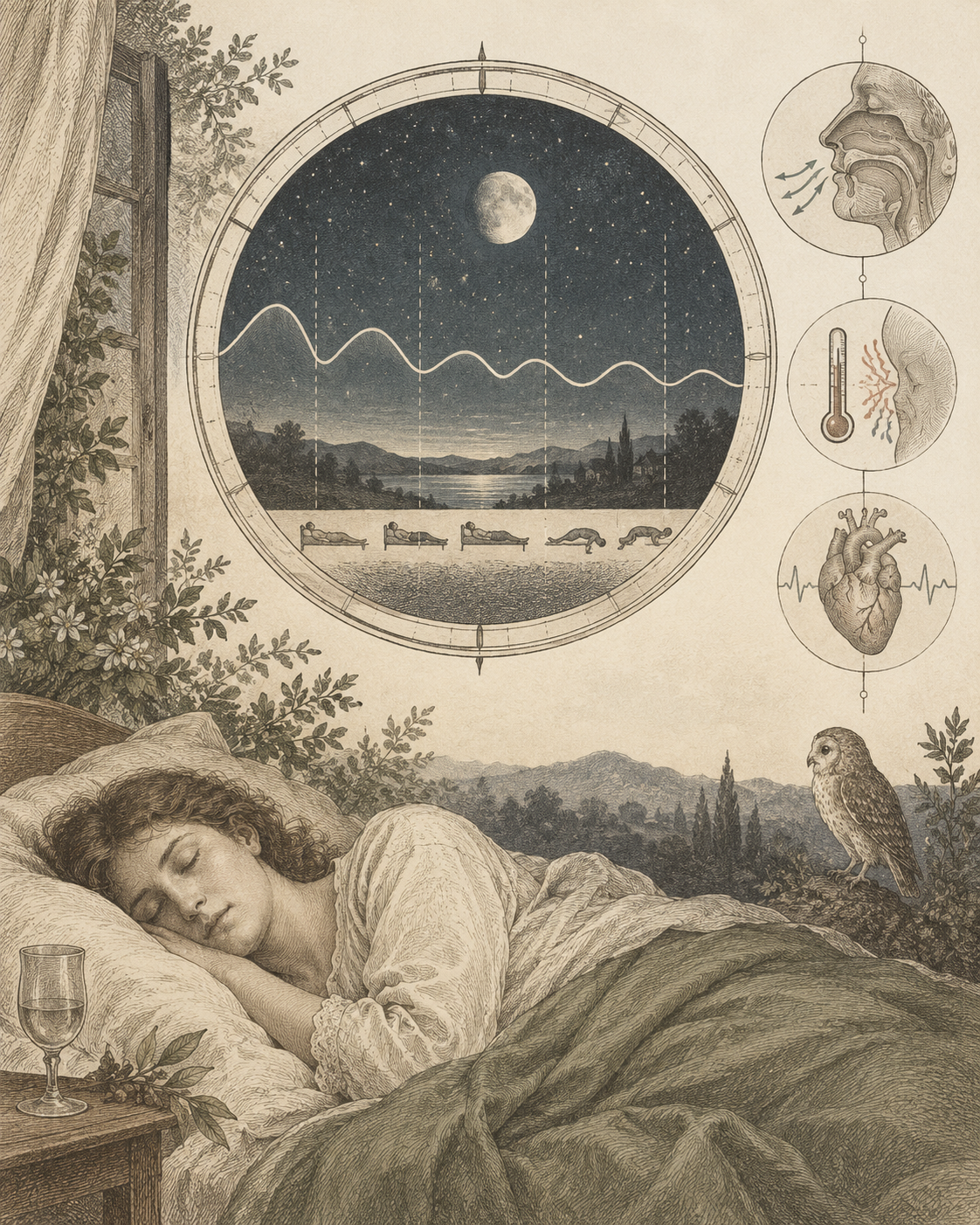 Antique illustration of sleep stages, nighttime rest and arousal.
