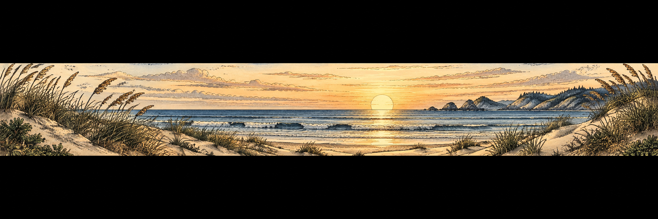 Dunes and beach grasses beside a calm ocean