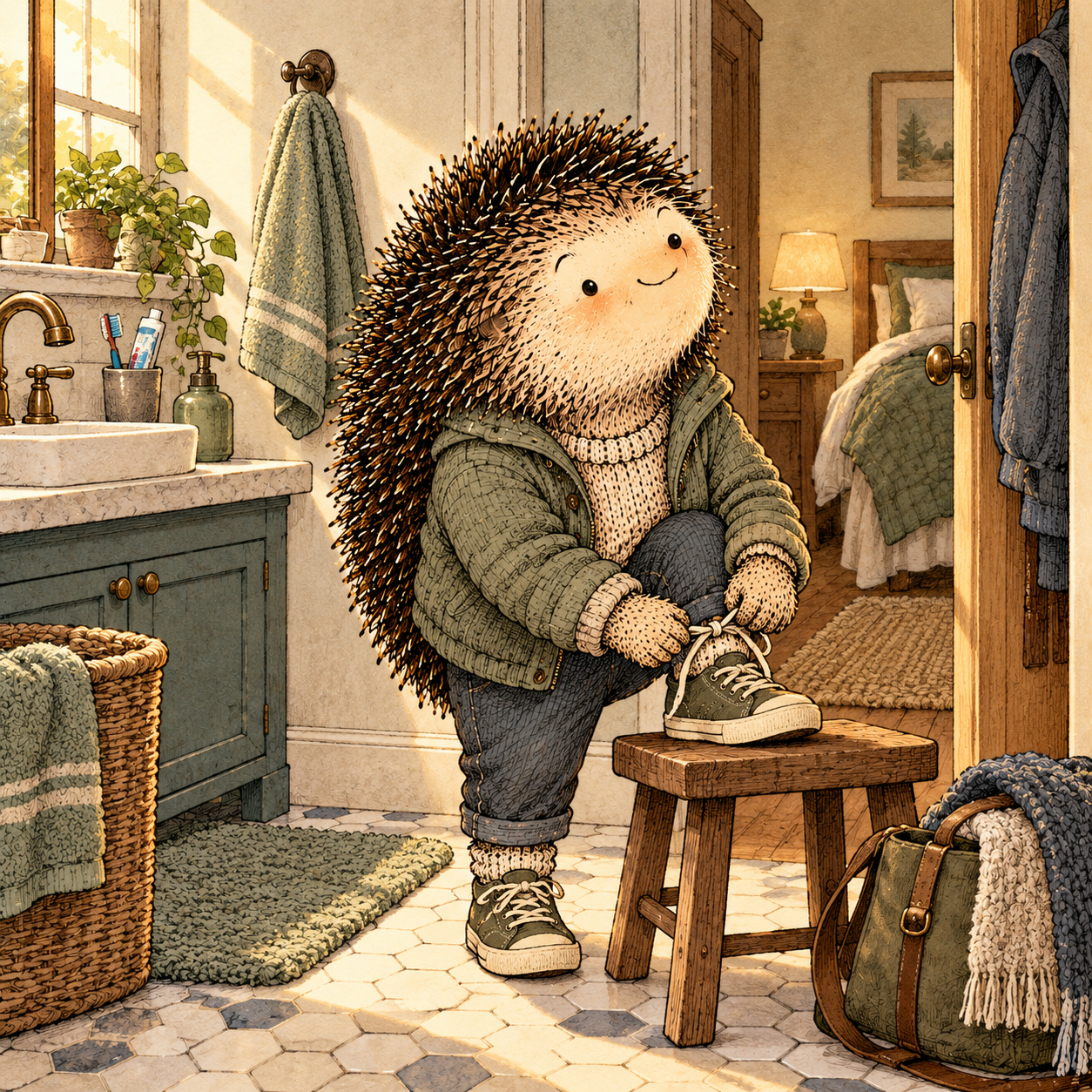 A gentle cream-faced, spiky-furred woodland companion exploring Day 111: Your First Hour