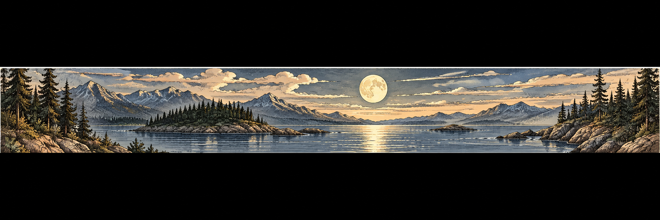 Moonlit bay with silver reflections and pine headland