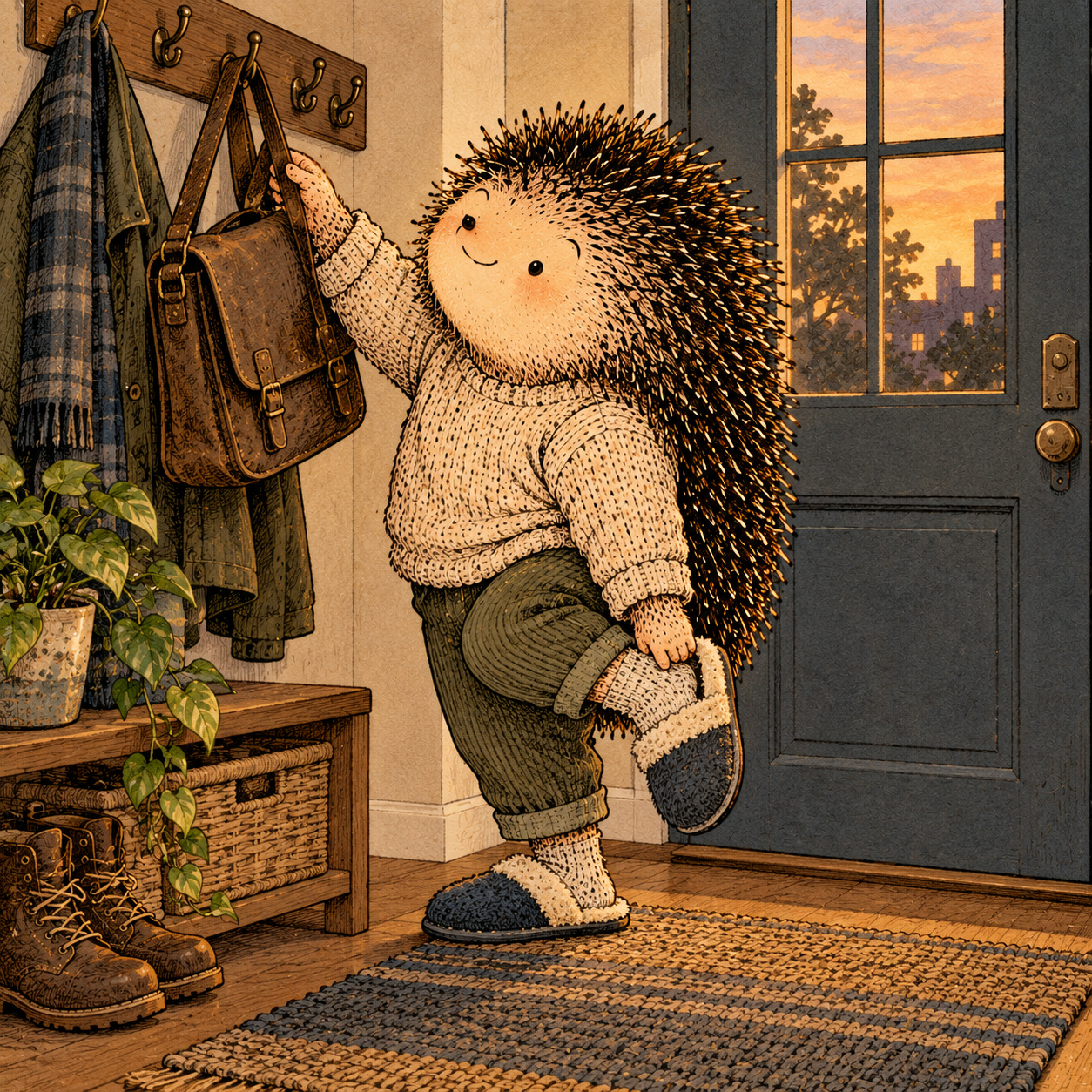 A gentle cream-faced, spiky-furred woodland companion exploring Day 92: Your Evening Begins Earlier Than You Think