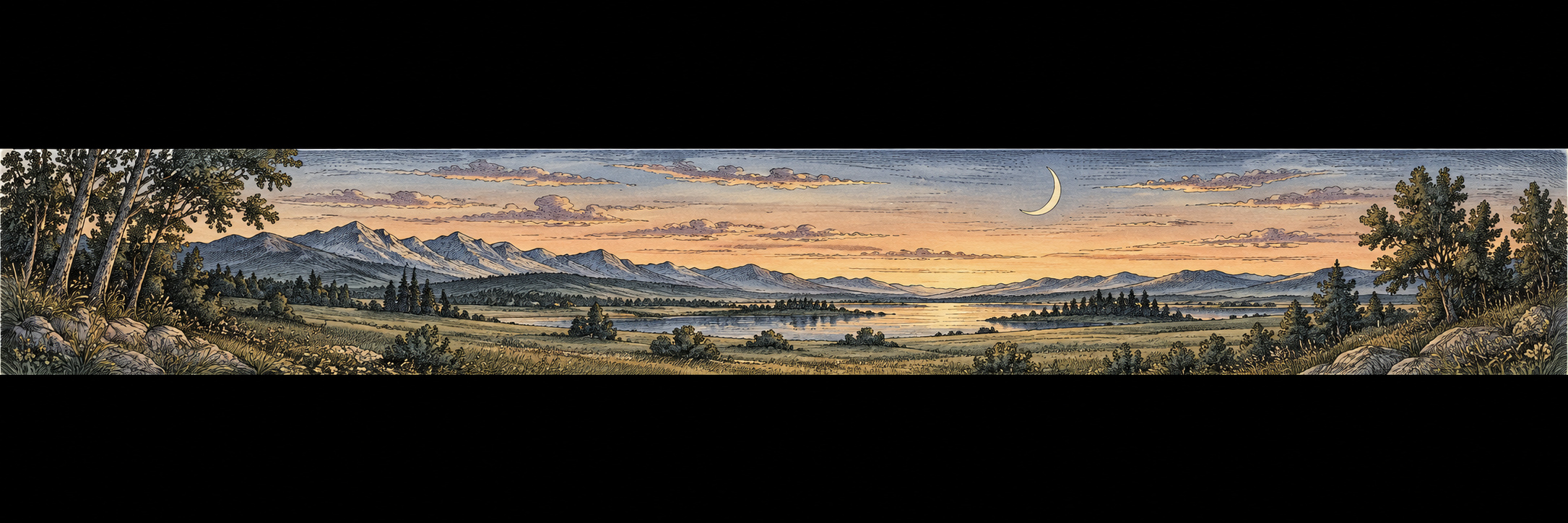 Twilight meadow with a crescent moon and low trees