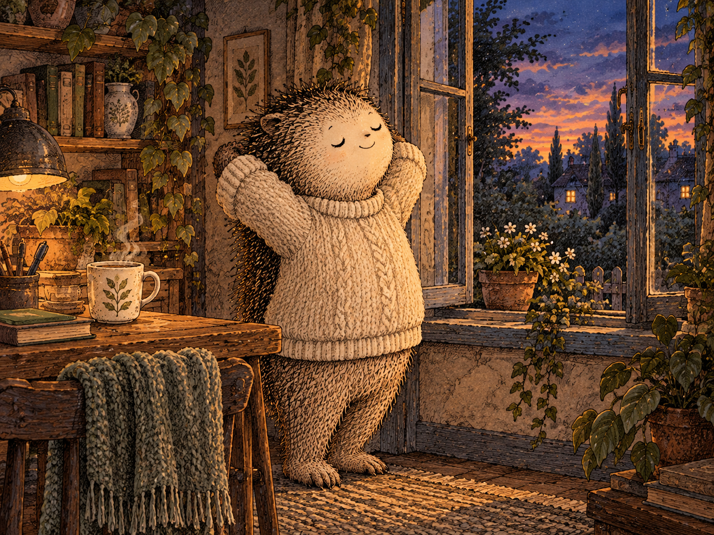Day 5: More Than One Way to Exhale. Illustrated hedgehog with the same face as this day's main image.