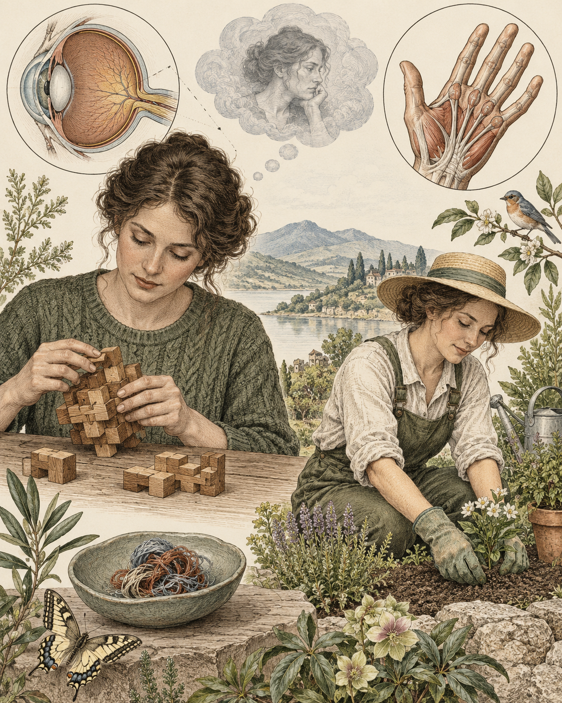 Puzzle-solving and gardening beside a temporarily set-aside thread knot.