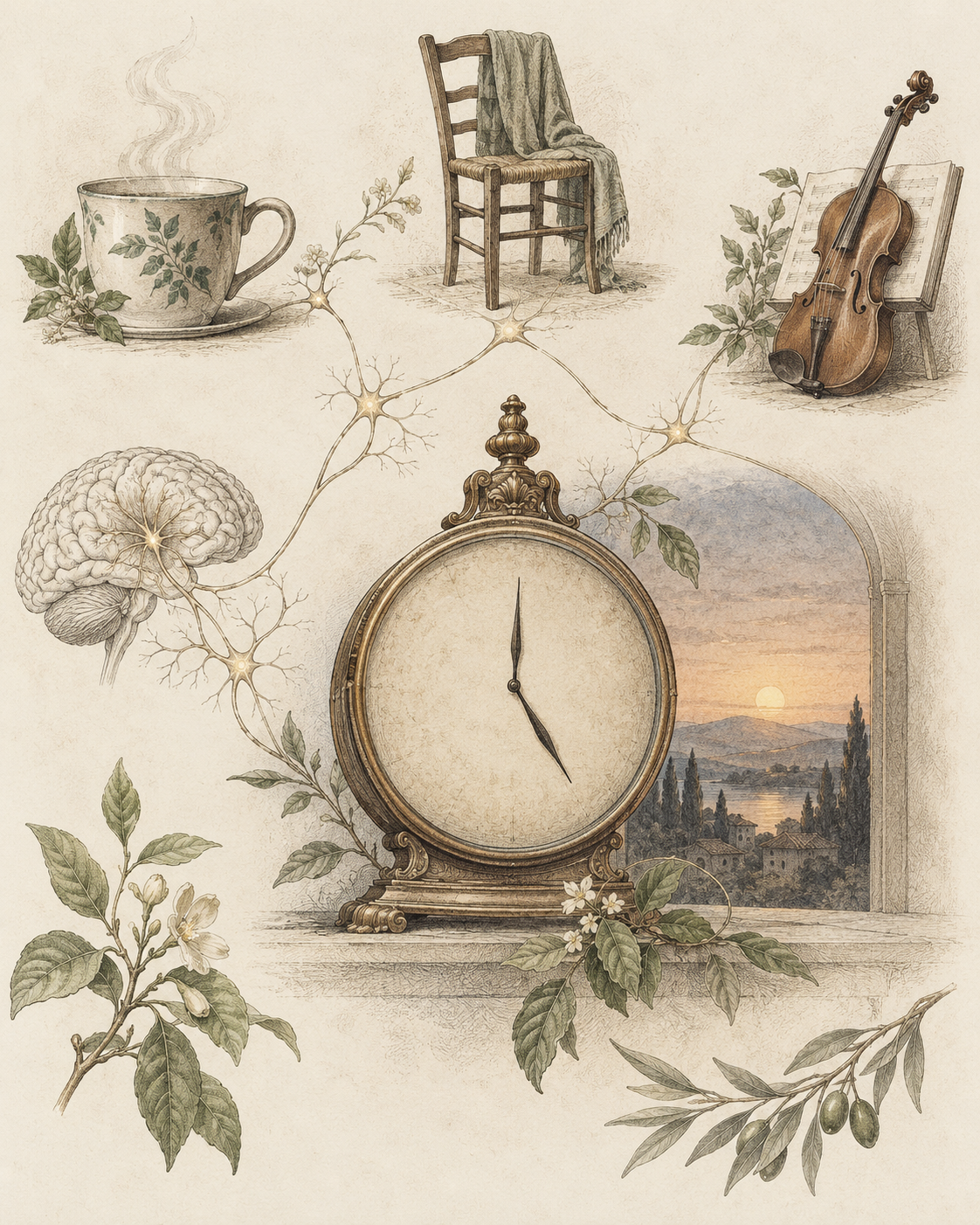Antique illustration of evening ritual cues linked by neural pathways.