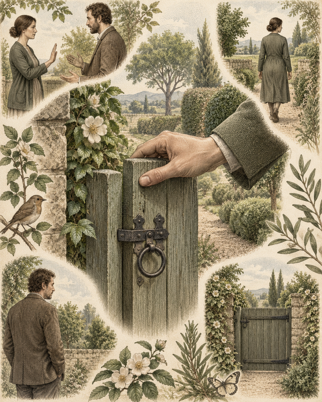 A calm conversation followed by consistently closing a garden boundary gate.