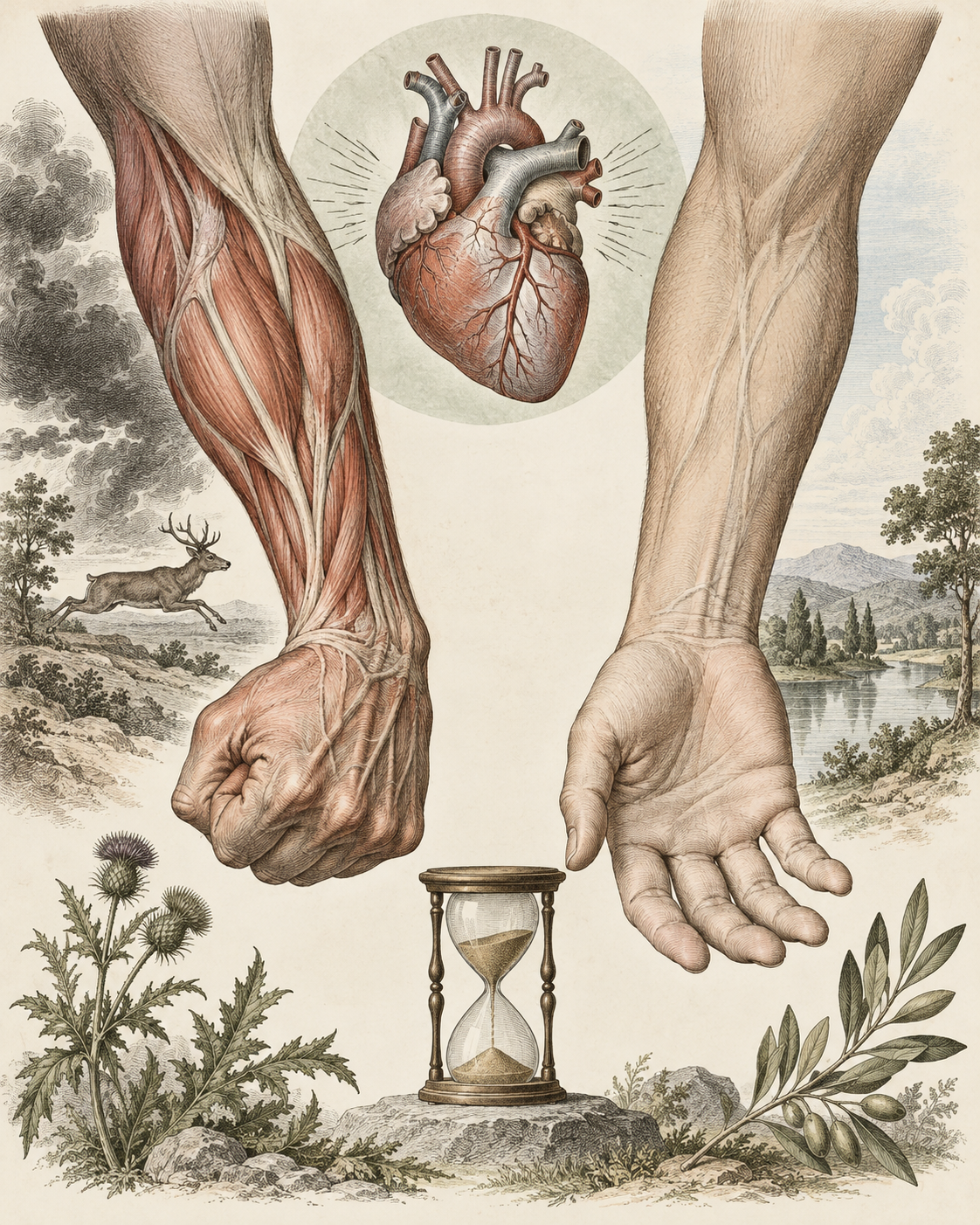 Tense and relaxed hands, a heart study and a short-pause hourglass.