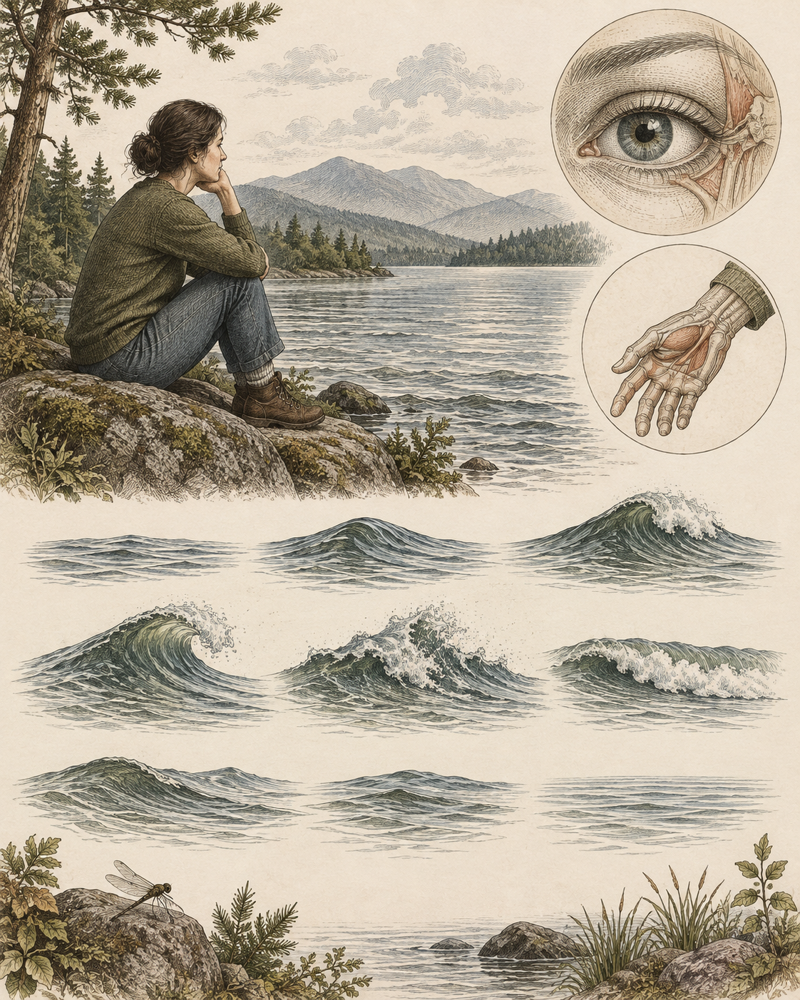 An adult observing varied waves beside anatomical eye and hand studies.