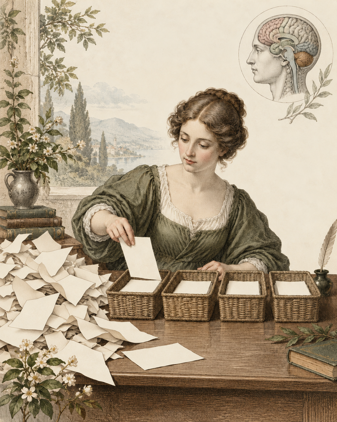 Blank papers sorted into four baskets beside a small brain study.