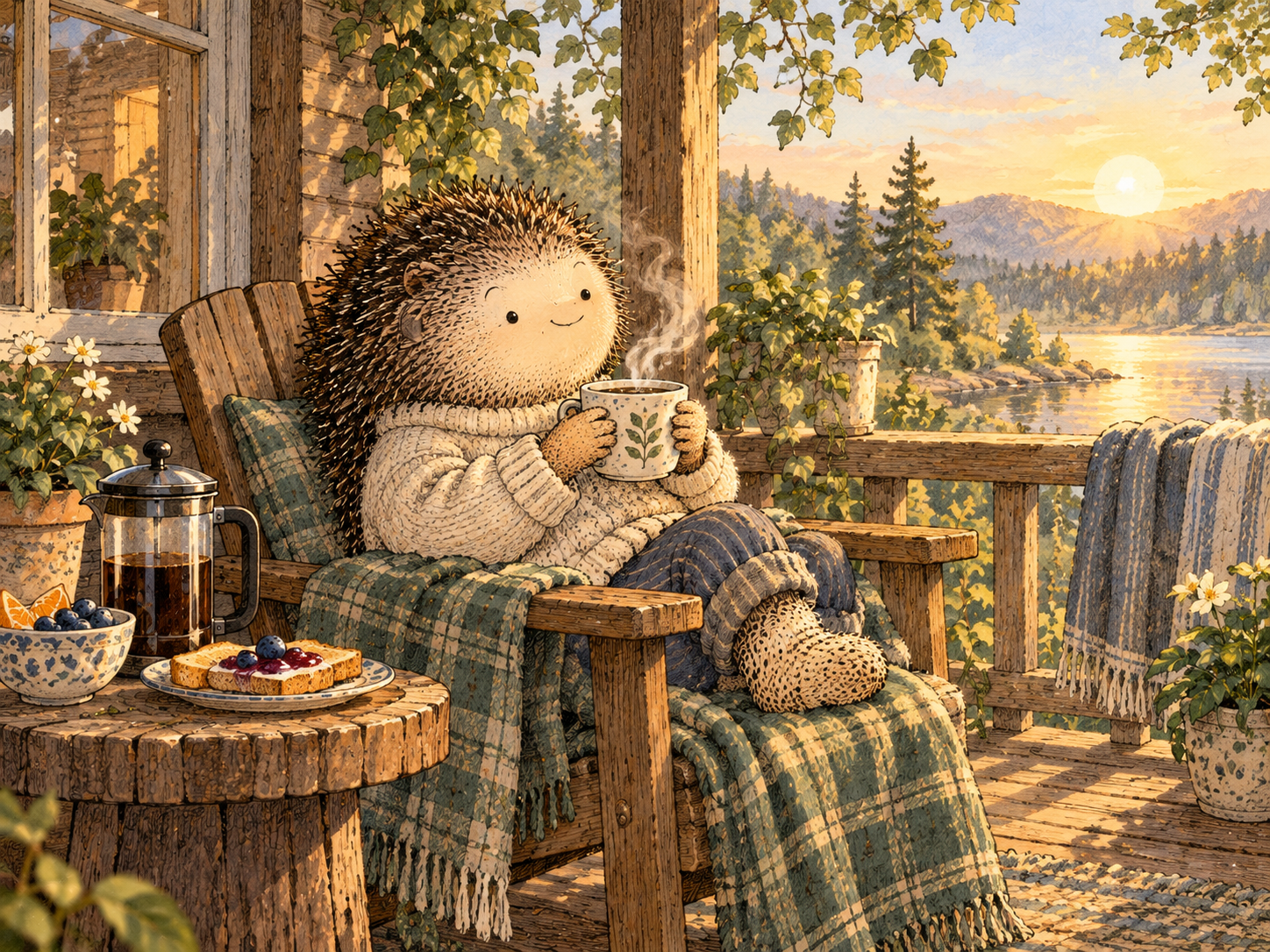 Day 110: Enjoyment Gives the Morning Its Own Pull. Woodland hedgehog illustration.