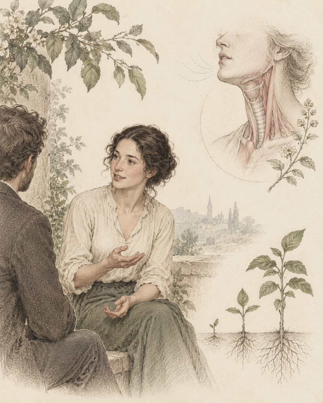 Antique illustration of calm conversation, breathing anatomy and gradual practice.