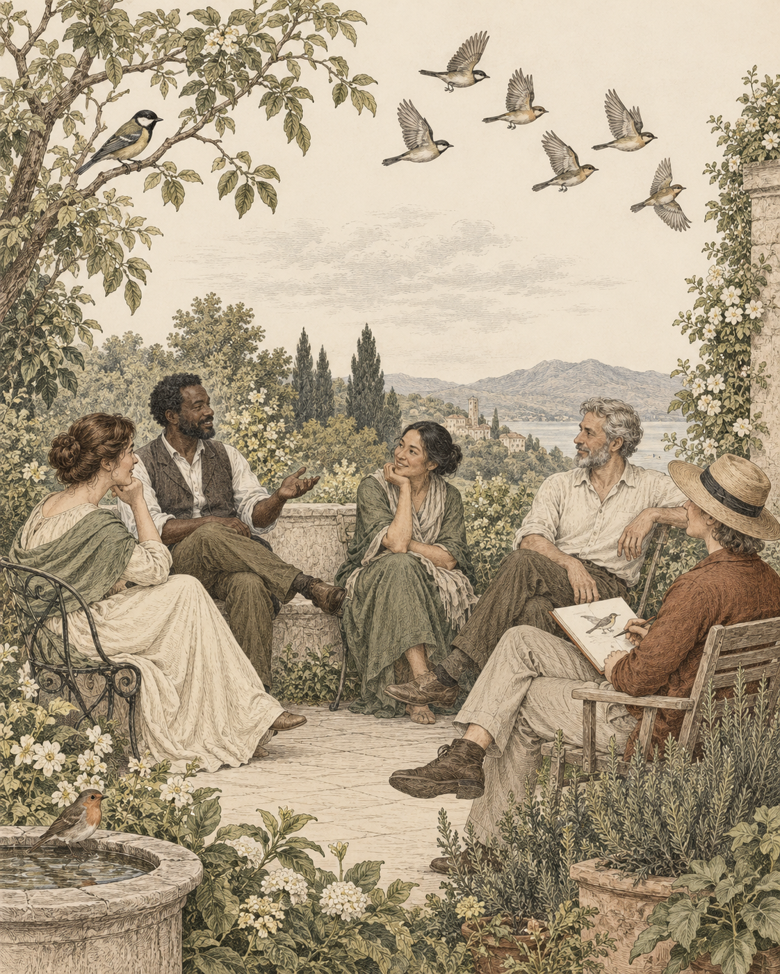 Vintage gathering and flock study illustrating belonging without matching every choice.