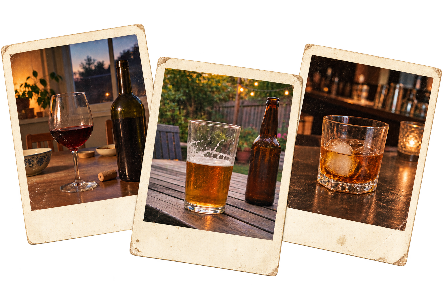 Faded vintage Polaroid snapshots of wine, beer and a short drink in everyday settings
