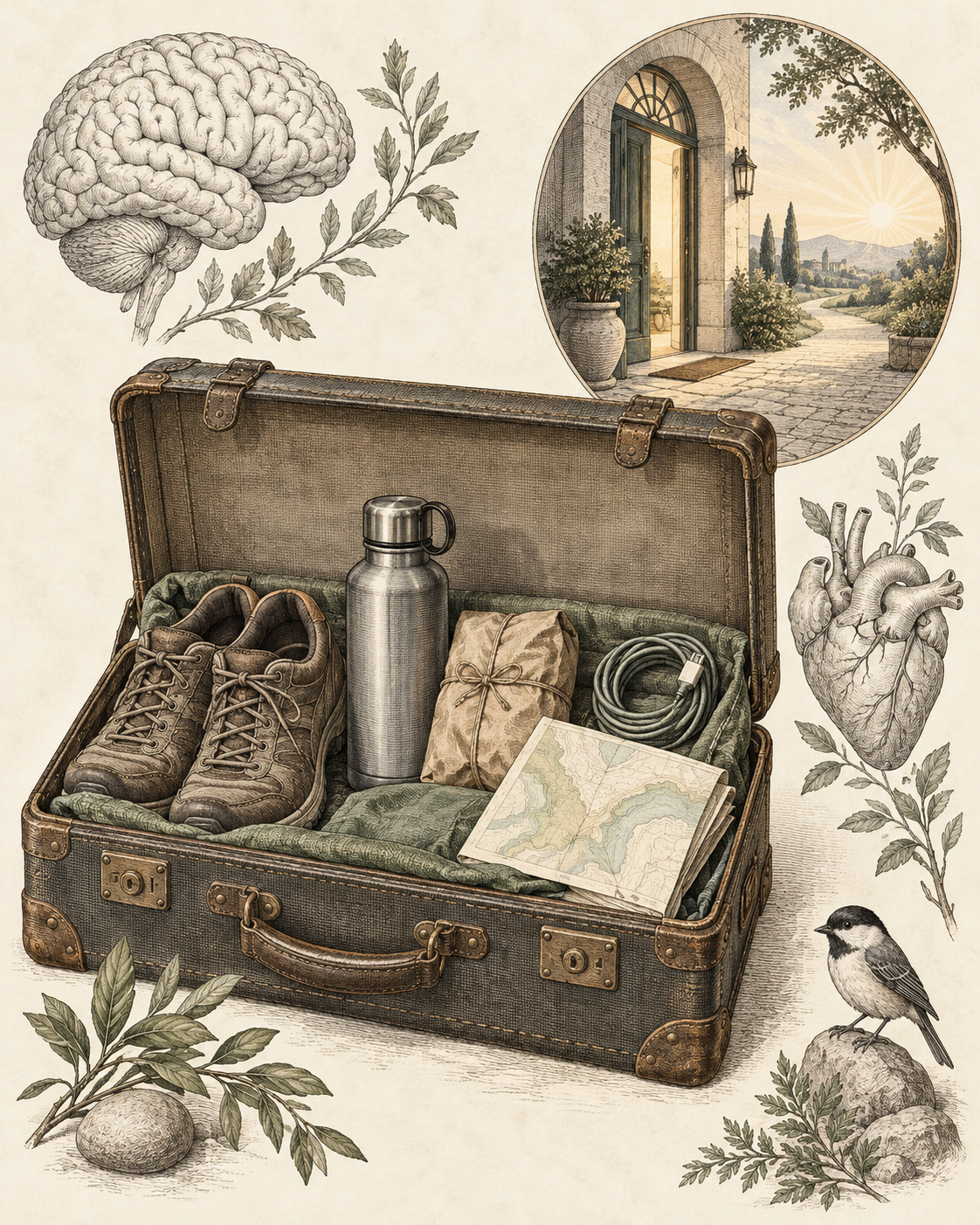 Vintage travel case illustrating portable anchors that maintain continuity.