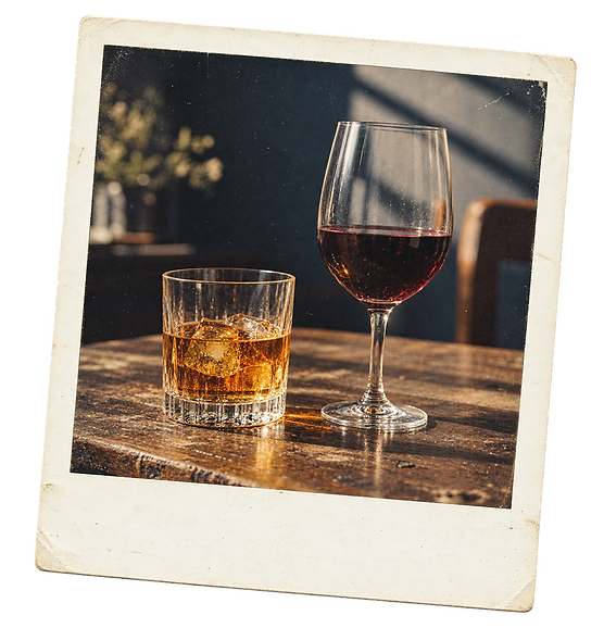 Two different measured pours in unbranded glasses on a worn tabletop.