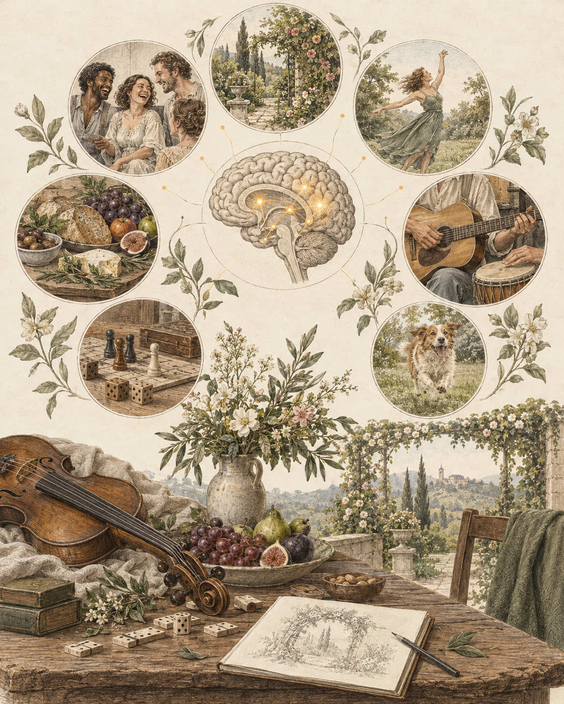 Vintage study of music, company, food, movement and other sources of enjoyment.
