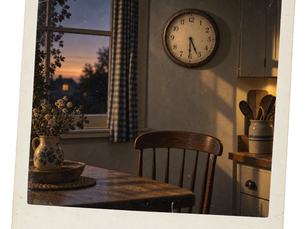 An old kitchen clock above an empty chair at dusk.