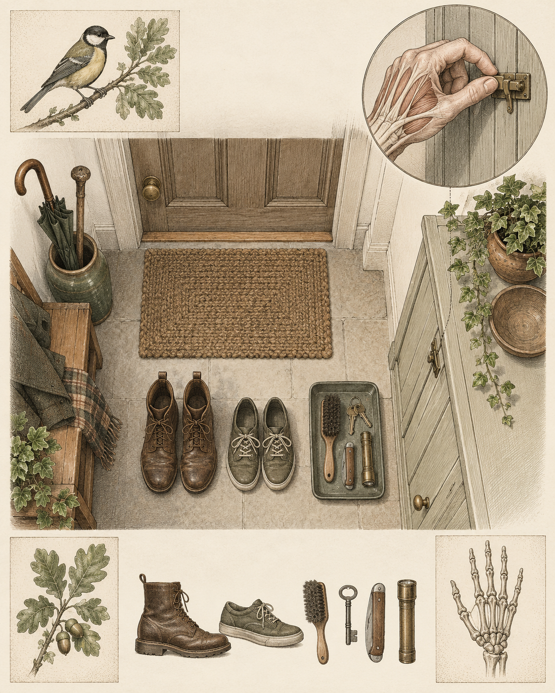 Vintage entryway and hand study illustrating environmental convenience and small barriers.