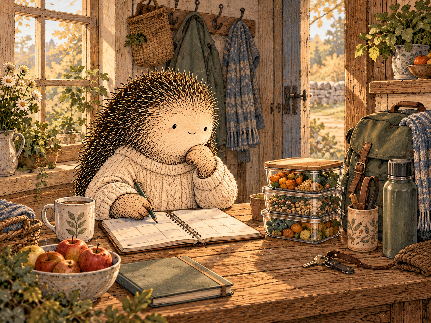 Day 108: A Small Weekly Reset Can Reduce the Number of Avoidable Emergencies. Woodland hedgehog illustration.