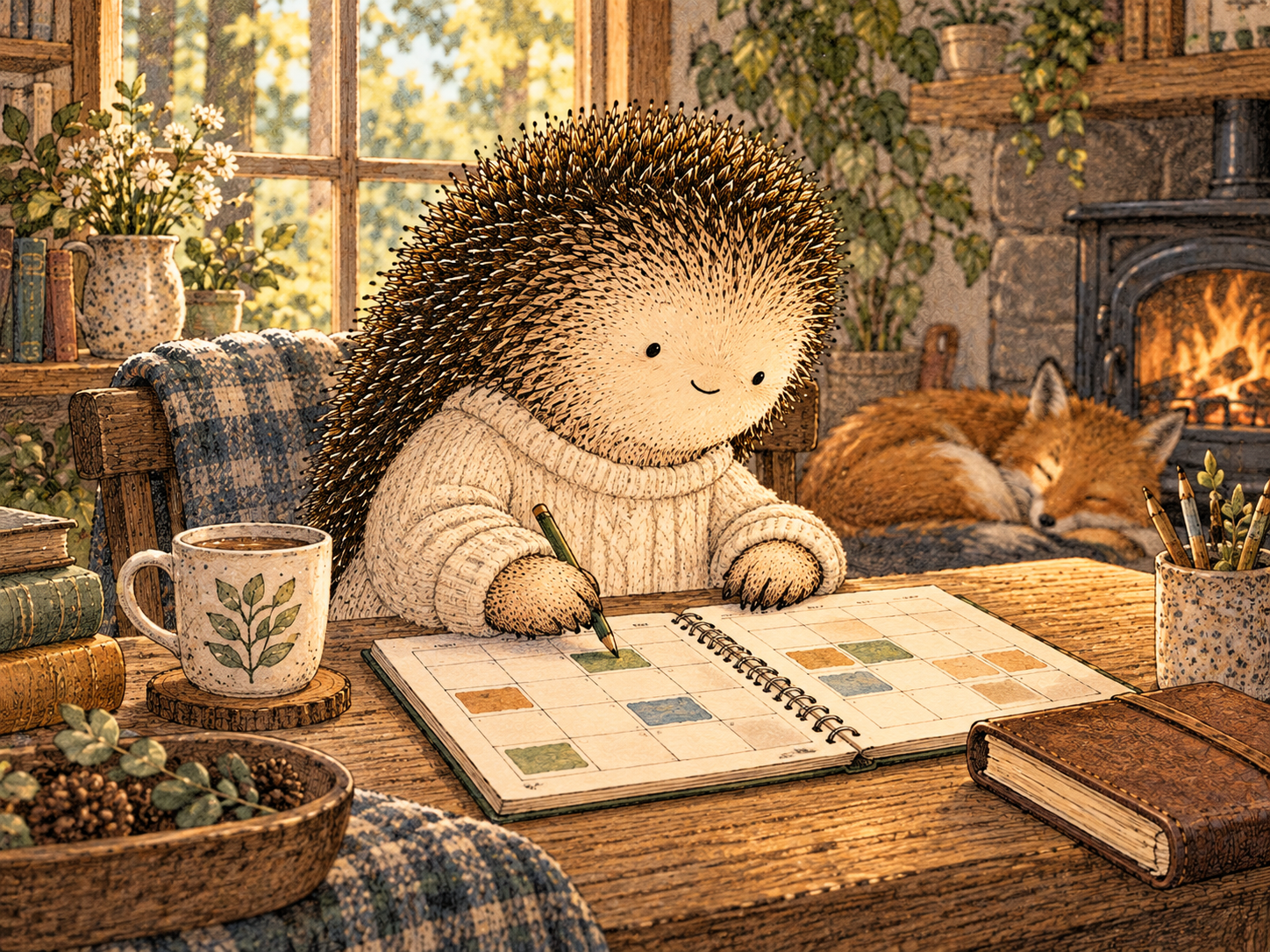 Day 332: Giving a Value Real Calendar Space Converts It From a Good Intention Into a Repeatable Part of Life. Woodland hedgehog illustration.