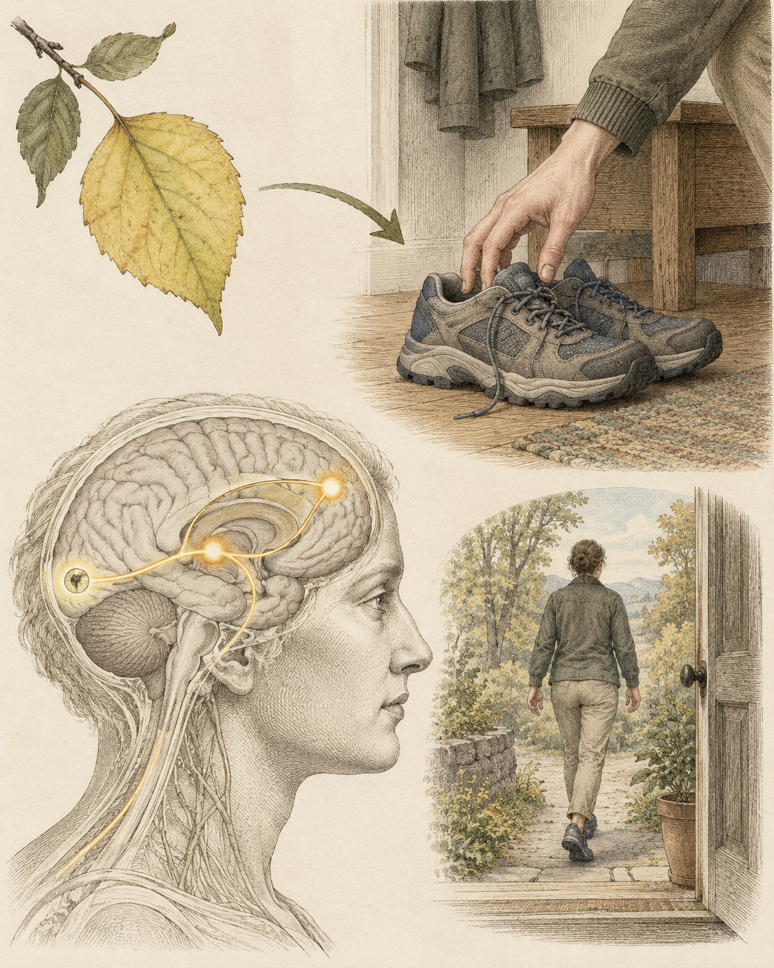 A yellow cue linked to reaching for walking shoes with a neural pathway study.