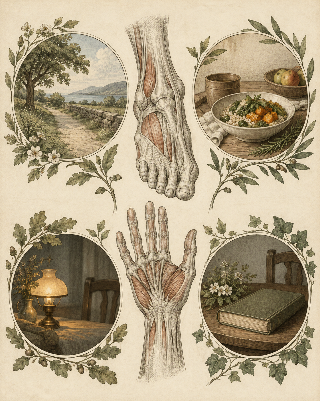 Walking, a simple meal and quiet evening anchors beside foot and hand studies.