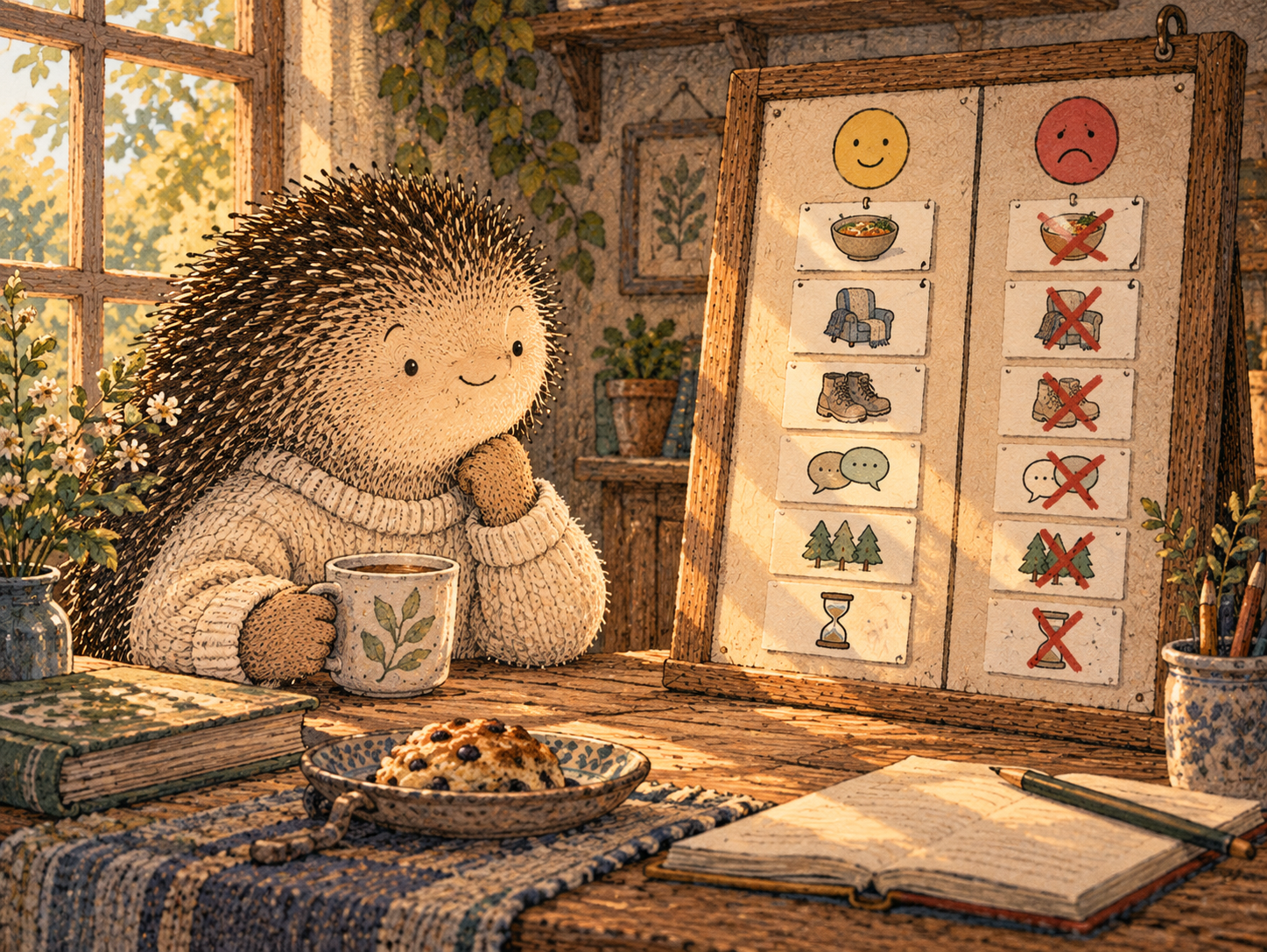 Day 147: Earlier Recognition Gives You More Options and Requires Less Force. Woodland hedgehog illustration.