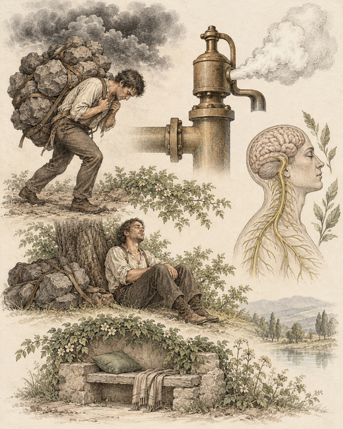 Vintage relief valve and resting scene illustrating temporary reduction in demand.
