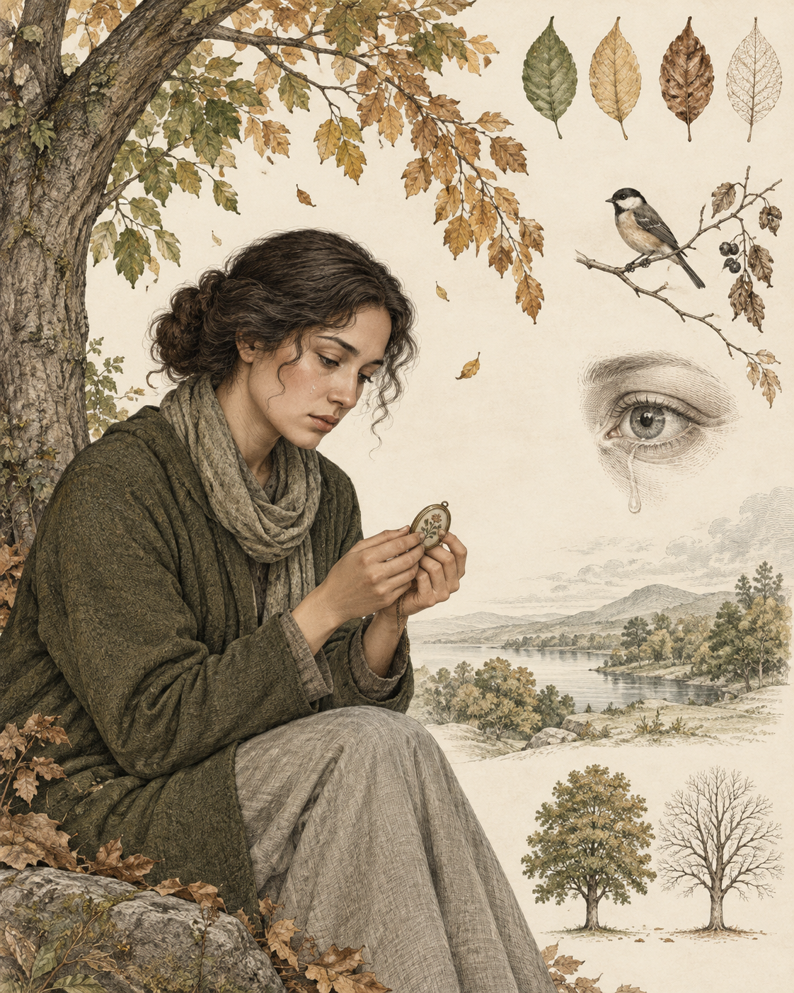 An adult holding a keepsake beneath autumn leaves with an eye study.
