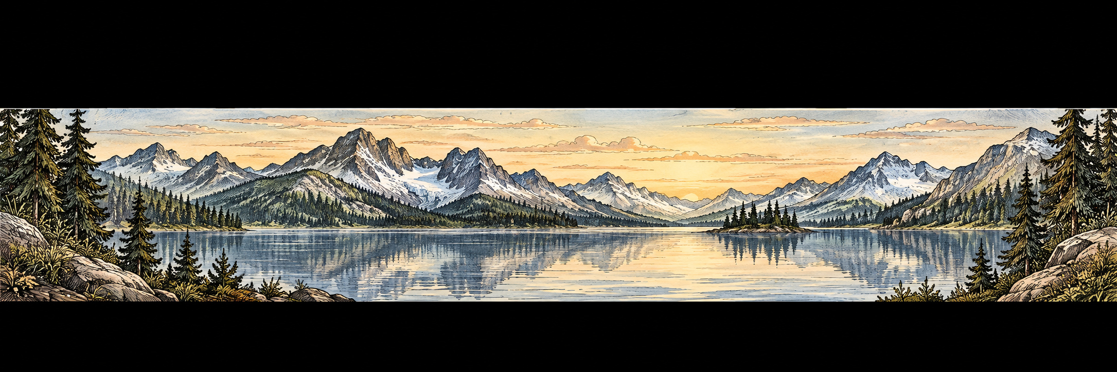 Low mountains reflected in a calm glacial lake