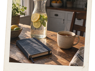 Water carafe with citrus, closed journal and tea on a worn kitchen table.