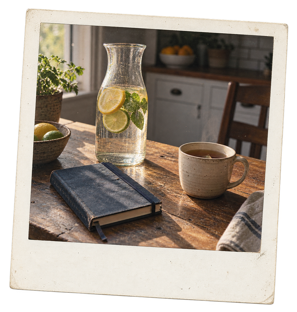 Water carafe with citrus, closed journal and tea on a worn kitchen table.