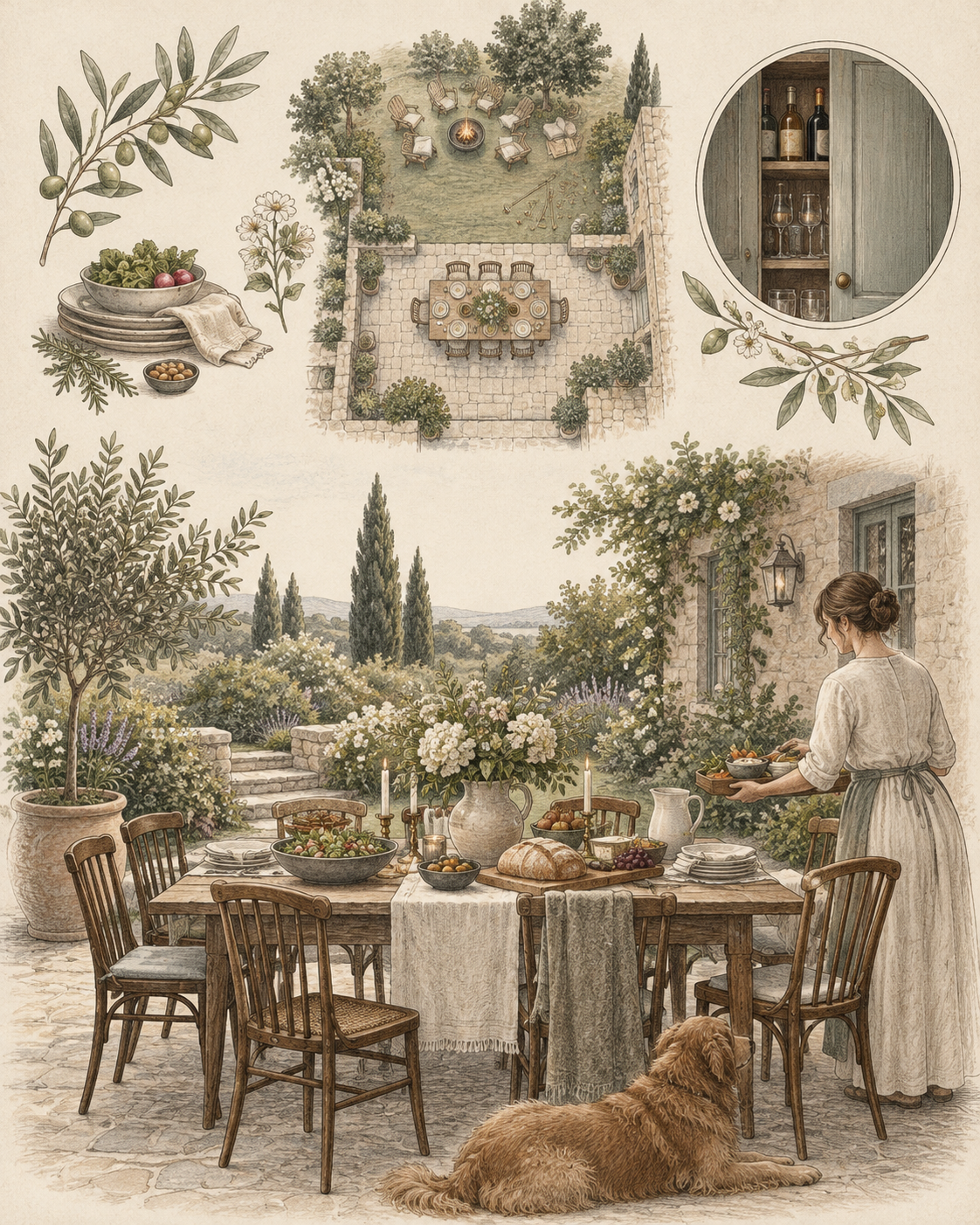 Vintage hosting scene with food and activities at the center.