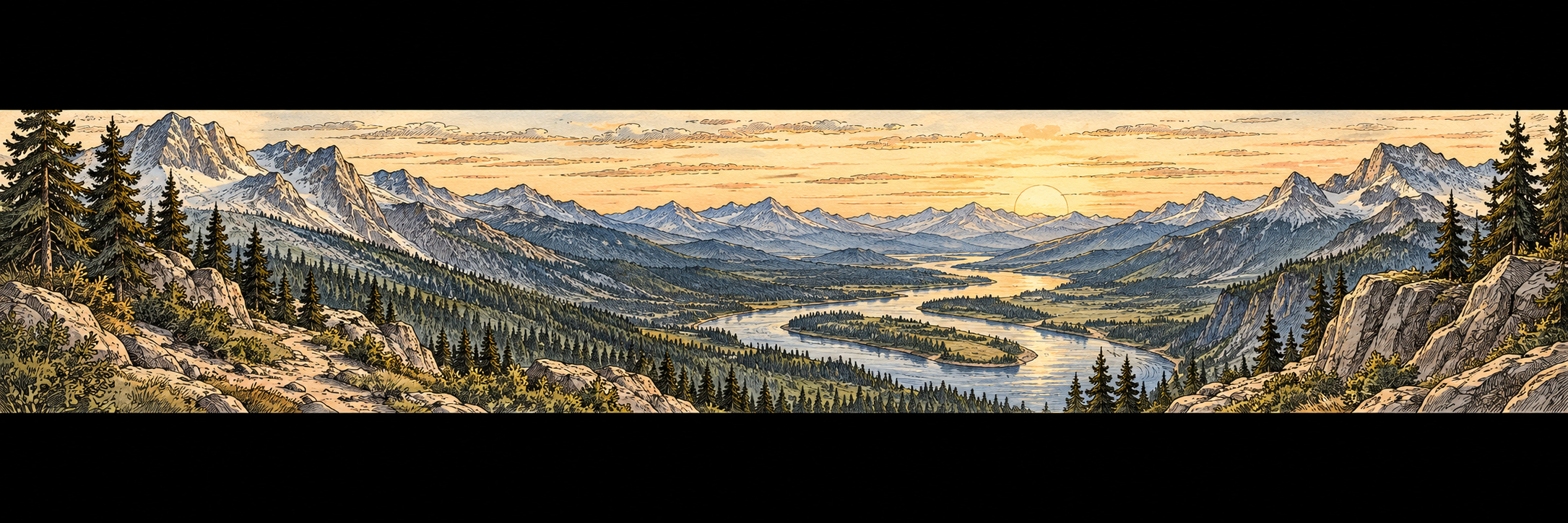 Mountain pass above a winding river