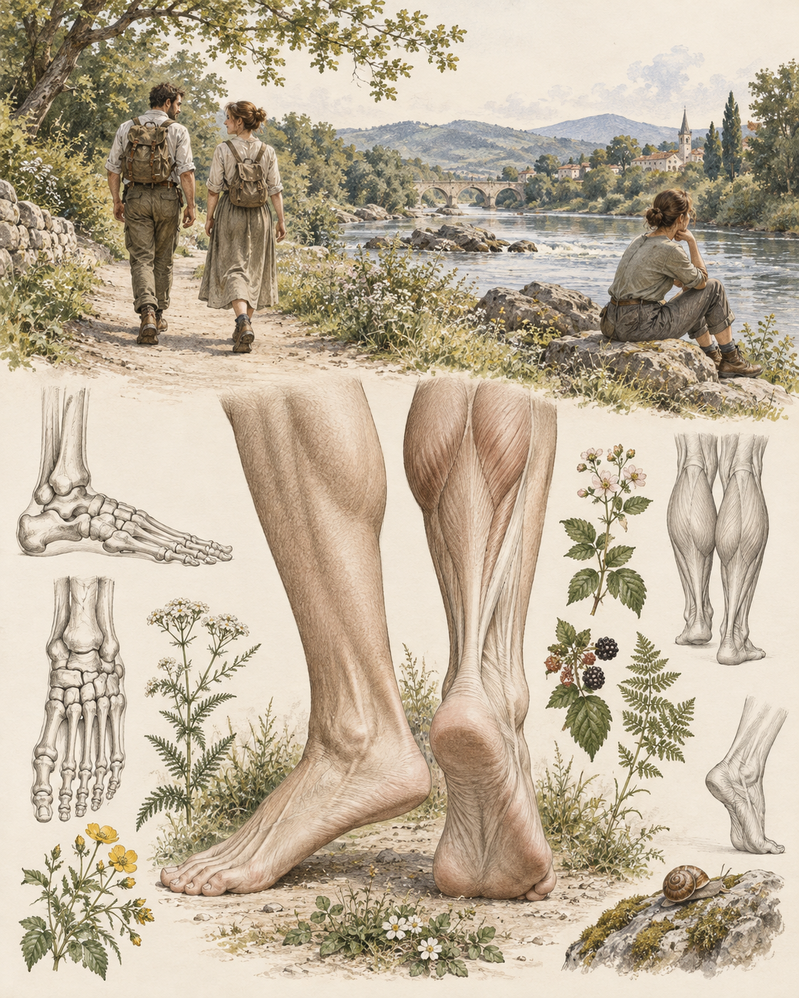 Vintage riverside walking and foot studies illustrating repeatable gentle activity.