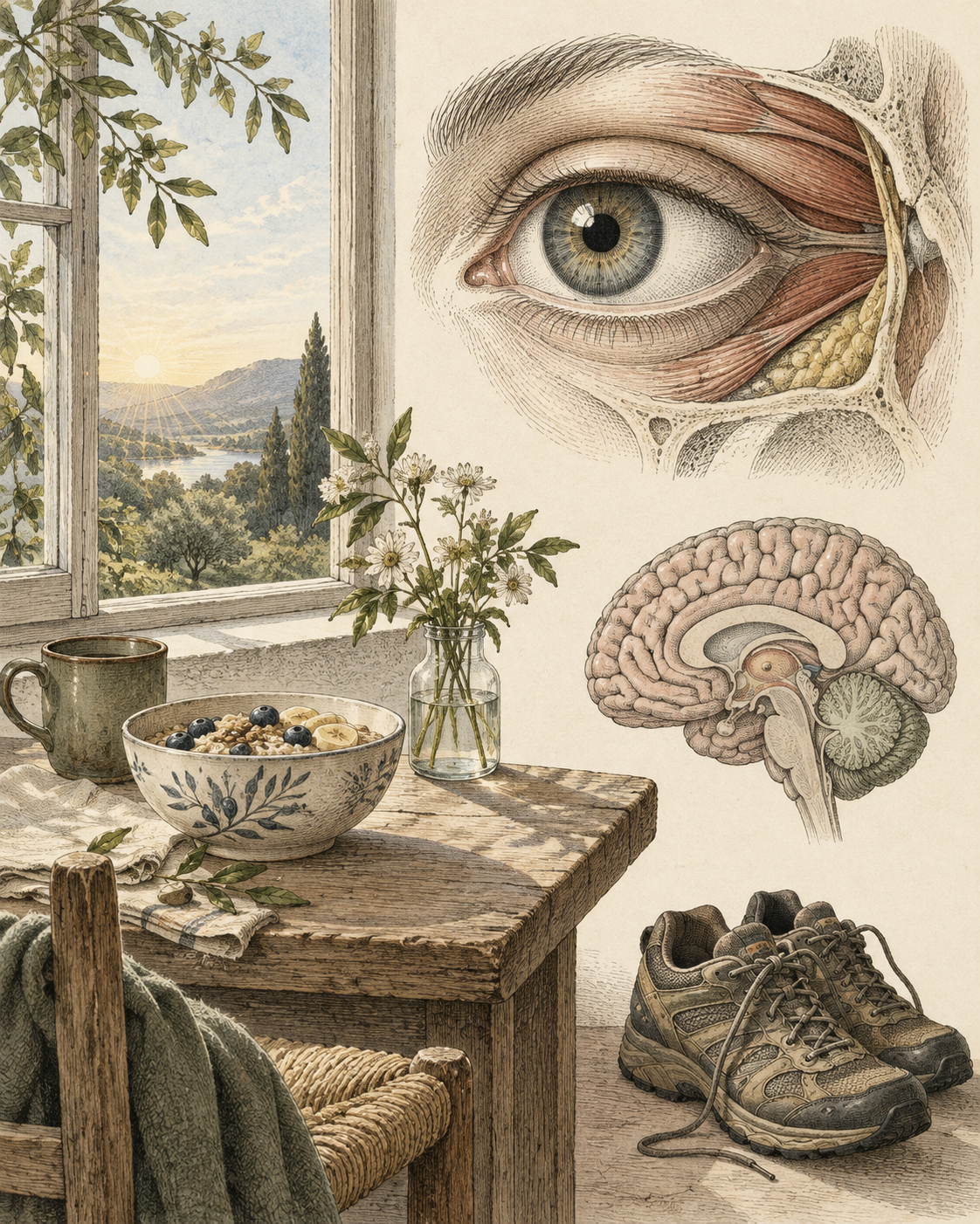 Vintage morning window and eye-brain studies illustrating recognizable daily timing cues.