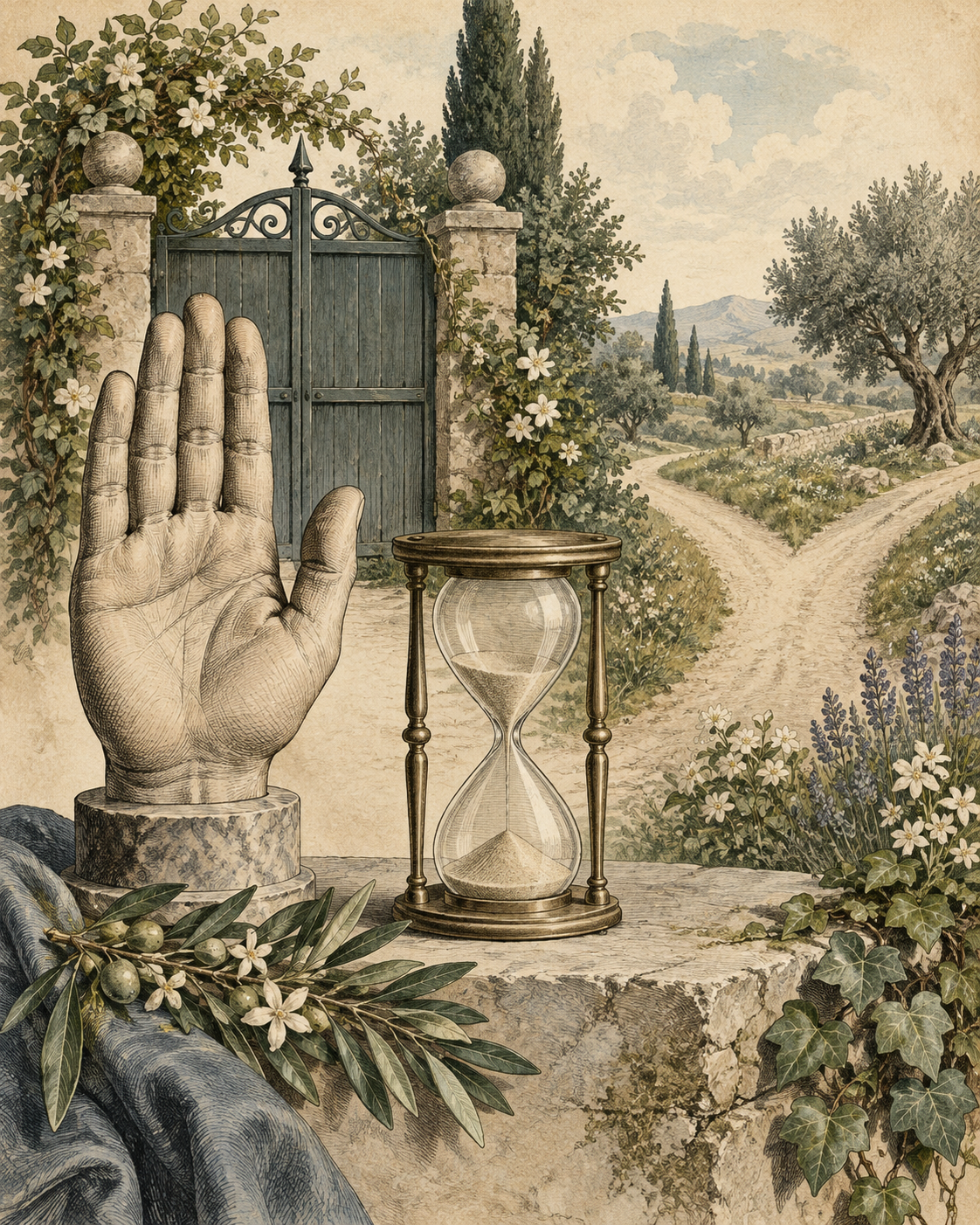 Vintage illustration of an open palm, hourglass, gate, and path representing a pause before agreement.